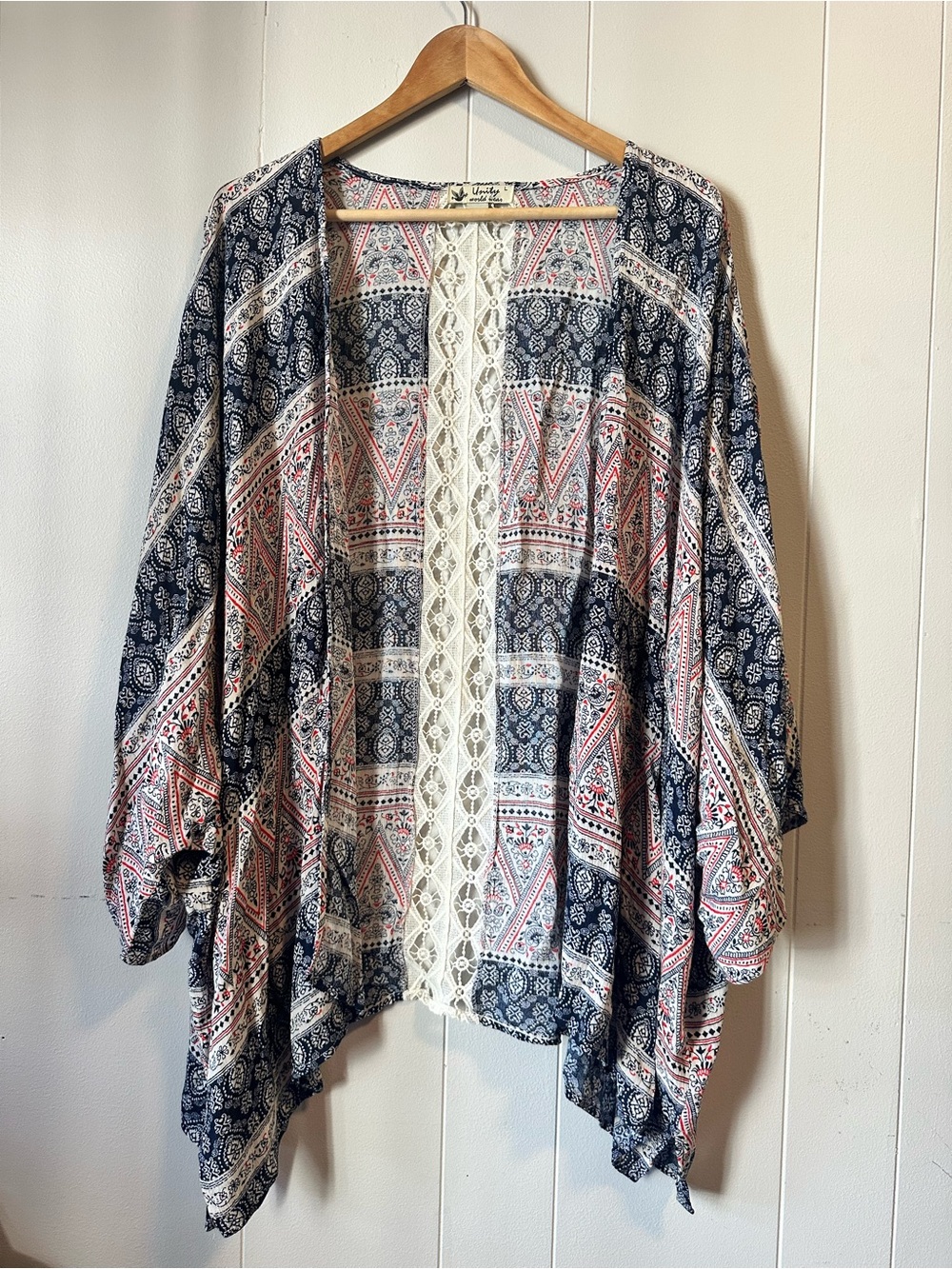 Boho Printed Open Front Tunic Kimono - Navy & Red
